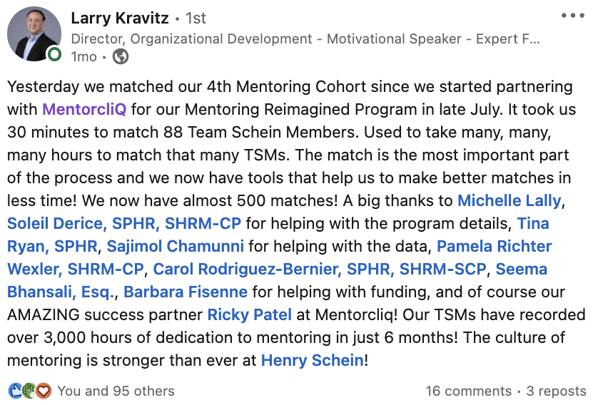 Essential Corporate Mentorship Program Best Practices 9 LinkedIn Post Henry Schein on mentoring and career mentoring development.