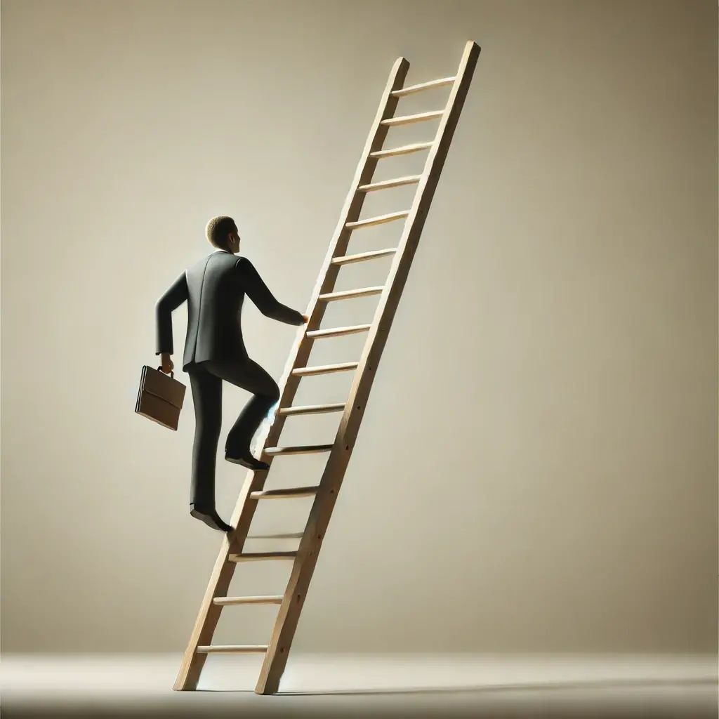 What Is Internal Mobility, and How It Helps Employees Scale the Career Ladder 5 An AI-generated image of a man in a business suit climbing a corporate ladder, representing internal mobility at work.
