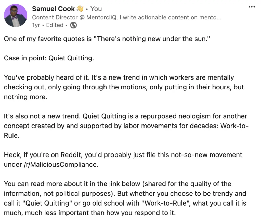 4 Reasons Employees Are Quiet Quitting And How Mentoring Can Prevent It 4 Samuel Cook LinkedIn Post on Quiet Quitting.
